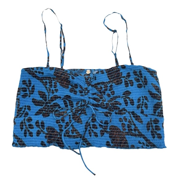 Free People Floral Smocked Crop Top - Black and Blue - Picture 2 of 4